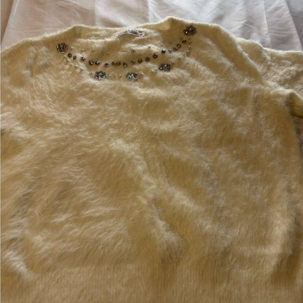 New York & Company Cream Fuzzy Crewneck Sweater with Jewel Accent